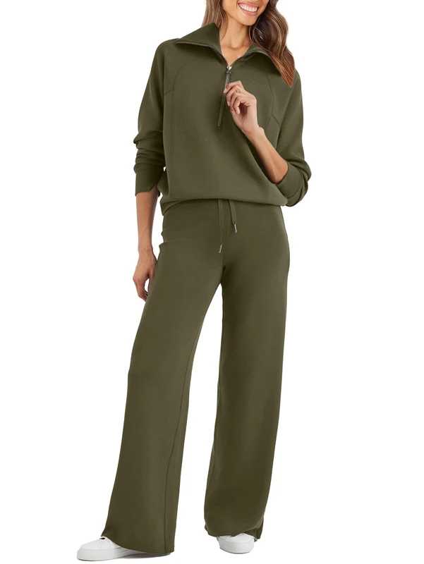 Glamaker Women's 2 Piece Sweatsuit Set, Oversized Half Zip Wide Leg Sweatshirt, Lounge Set, Tracksuit, Army Green, Large, Green (Army Green), L