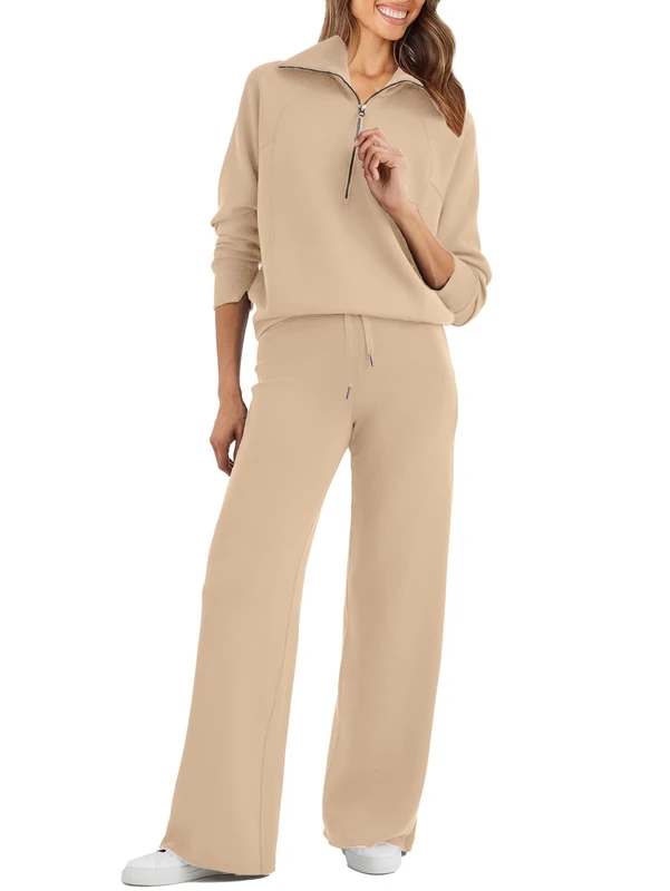 Glamaker Womens 2 Piece Outfits Sweatsuit Set Oversized Half Zip Sweatshirt Wide Leg Sweatpants Lounge Set Tracksuit, Khaki, Small