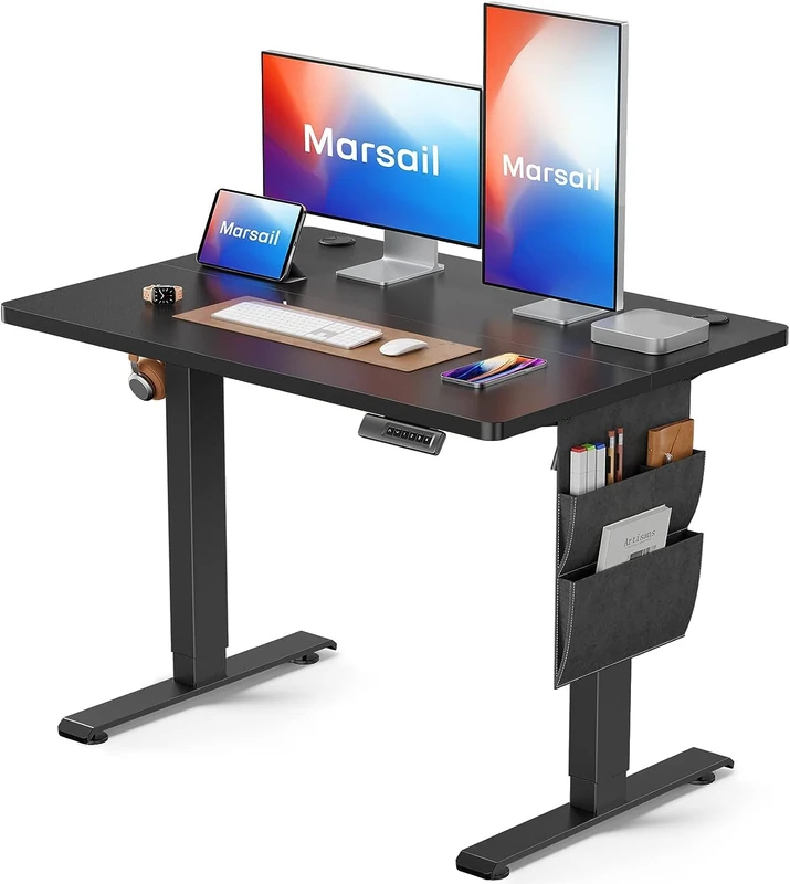 Marsail Standing Desk Adjustable Height, Electric Standing Desk with Starage Bag, Stand up Desk for Home Office Computer Desk Memory Preset with Headphone Hook