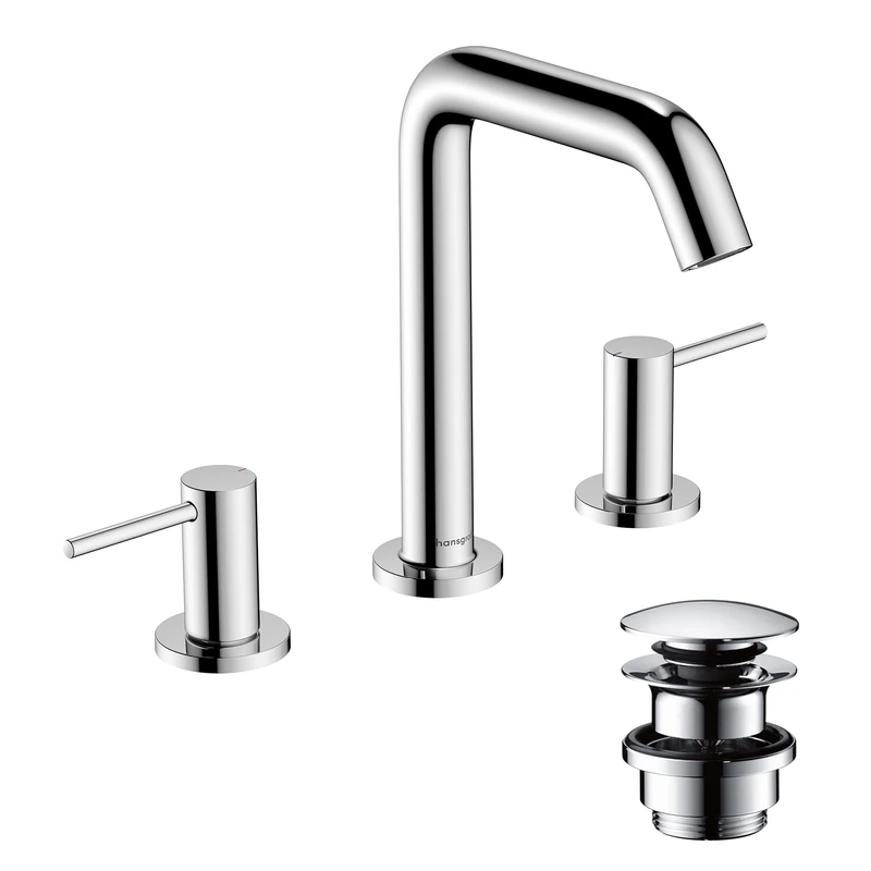 hansgrohe Tecturis S - 3-Hole Bathroom tap with Push-Open Waste Set, Bathroom Sink Water tap with spout Height 150mm, Bathroom Mixer tap Water-Saving (EcoSmart+), Chrome, 73330000