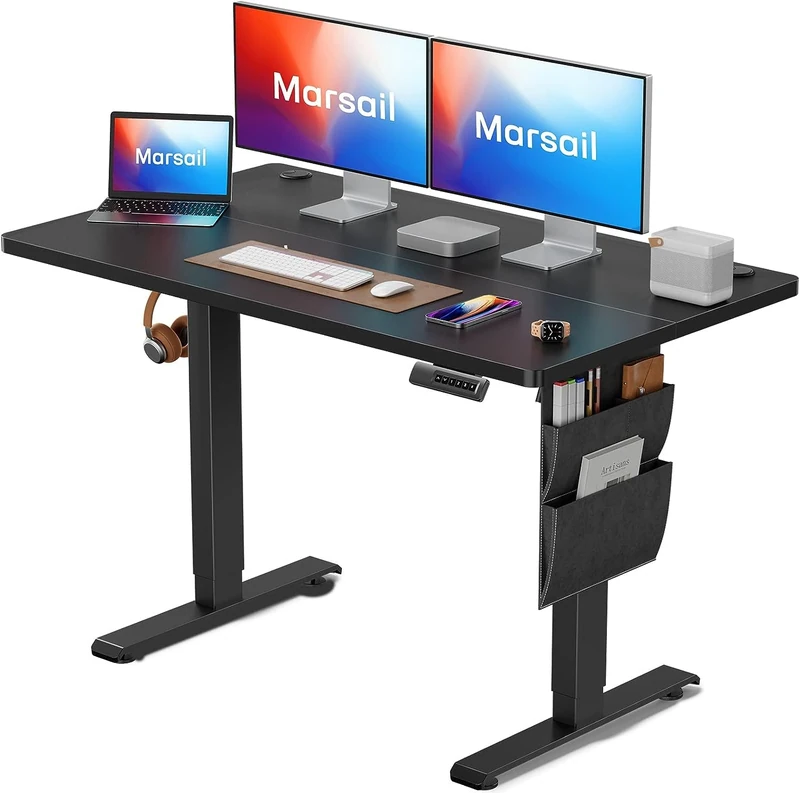 Marsail Standing Desk Adjustable Height, Electric Standing Desk with Starage Bag, Stand up Desk for Home Office Computer Desk Memory Preset with Headphone Hook
