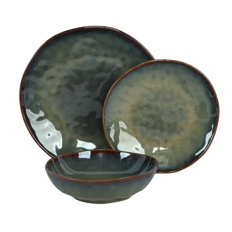 WeHome 6-Person Dinner Set, 18-Piece Dinner Set, Colourful Ceramic Plates, Modern Dishes, Dishwasher Safe, Microwave Safe (Dark Green)