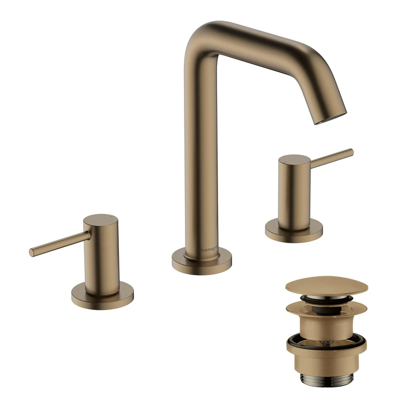 hansgrohe Tecturis S - 3-Hole Bathroom tap with Push-Open Waste Set, Bathroom Sink Water tap with spout Height 150mm, Bathroom Mixer tap Water-Saving (EcoSmart+), Brushed Bronze, 73330140
