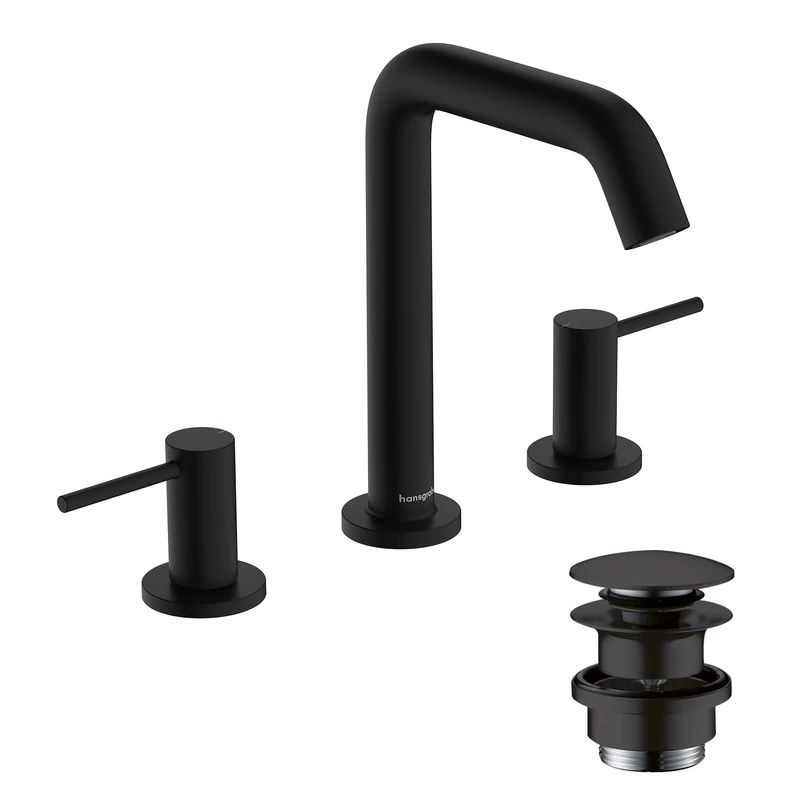 hansgrohe Tecturis S - 3-Hole Bathroom tap with Push-Open Waste Set, Bathroom Sink Water tap with spout Height 150mm, Bathroom Mixer tap Water-Saving (EcoSmart+), matt Black, 73330670