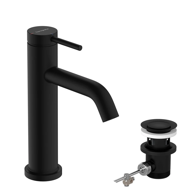 hansgrohe Tecturis S - bathroom tap with pop-up waste set, energy-saving (CoolStart), bathroom sink water tap with spout height 110mm, bathroom mixer tap water-saving (EcoSmart+), matt black, 73314670