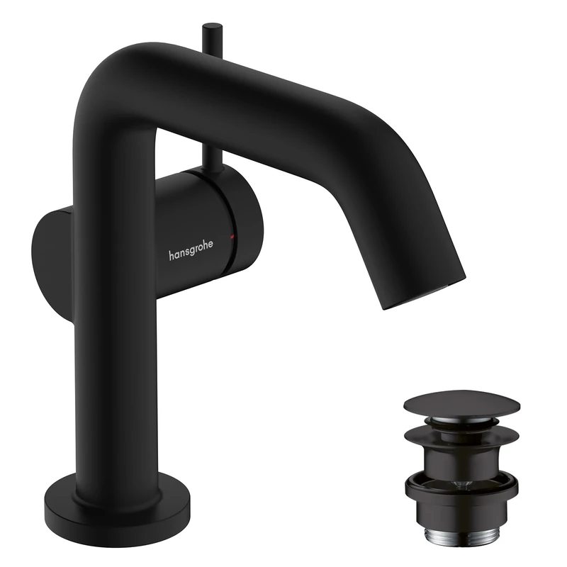 hansgrohe Tecturis S Fine - Bathroom Sink Water tap with Push-Open Waste Set, Energy-Saving (CoolStart), Bathroom Mixer tap with spout Height 110mm, Water-Saving (EcoSmart+), matt Black, 73320670