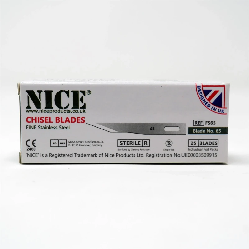25 x NICE FINE 65 Sterile Stainless Steel Chisel Blades FS65 for Plastic & Reconstructive Surgery