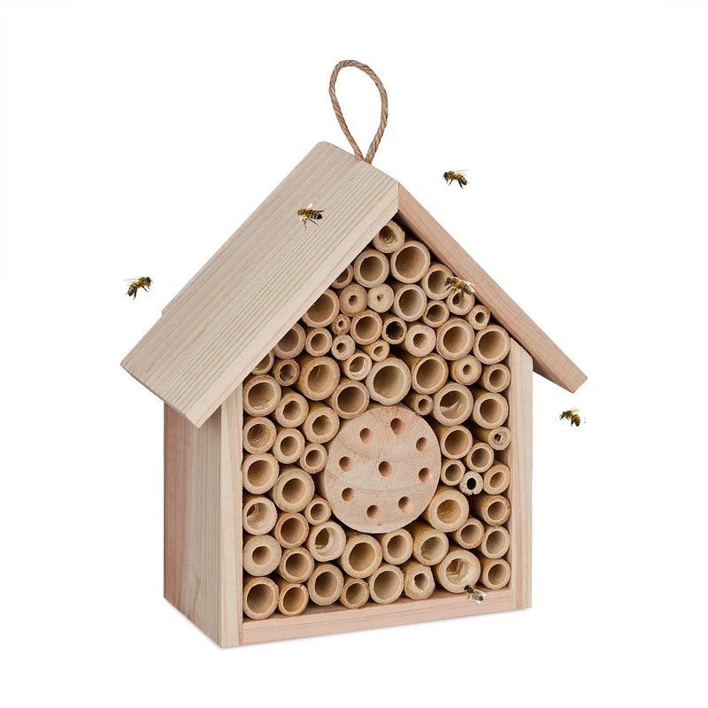 Relaxdays Bee Hotel, Wild Insect Nature Reserve, House, Habitat, Hang, Garden, Balcony, HxWxD: 20.5x19.5x8.5cm, Natural