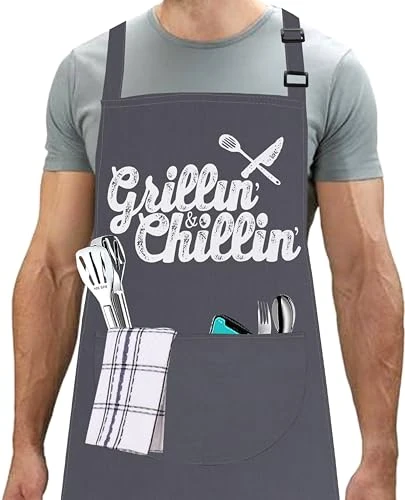 LINEN CLOSET® Adjustable Bbq Aprons for Men Women Funny Rude Chef Aprons Christmas Grilling Gifts for Dad Son Father Husband with 2 Pockets- Grillin & Chillin