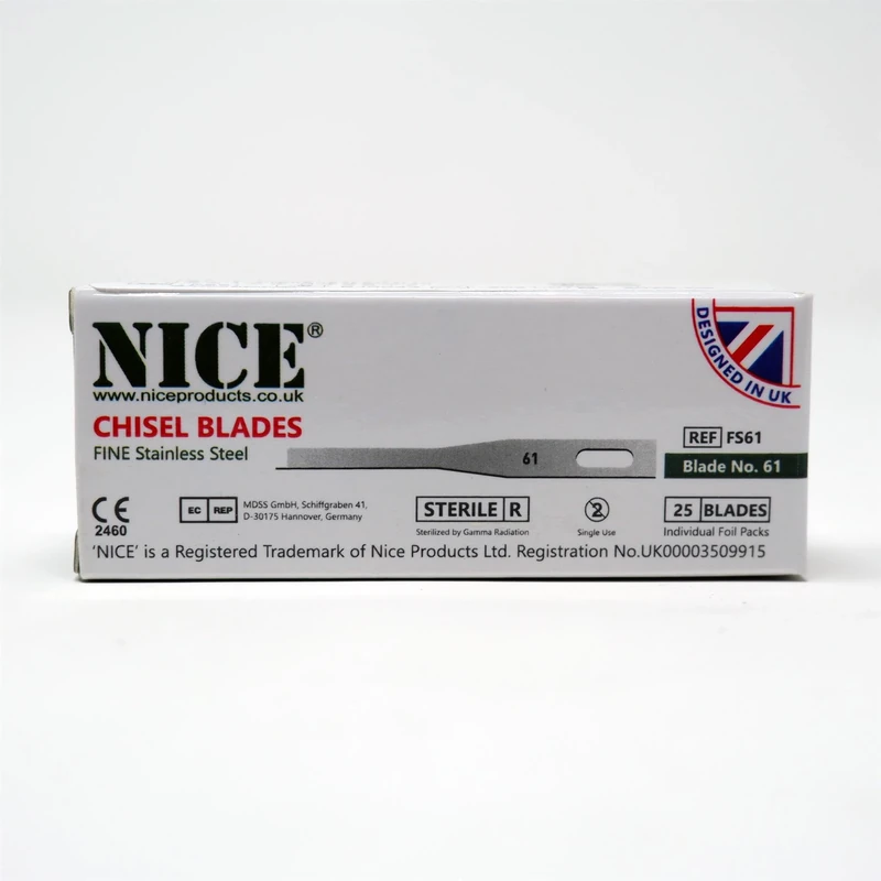 25 x NICE FINE 61 Sterile Individually Packed Stainless Steel Chisel Blades FS61 for Podiatry and Chiropody - Image 1