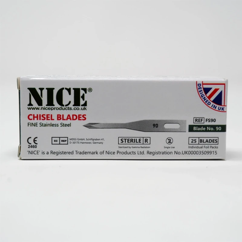 25 x NICE FINE 90 Sterile Stainless Steel Chisel Blades with Four Sided Spear Point Tip for Hair Transplant Surgery FS90