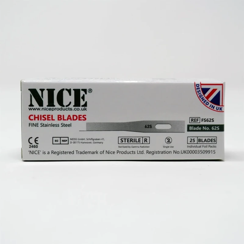 25 x NICE FINE 62S Sterile Stainless Steel Chisel Blades FS62S for Podiatry and Chiropody