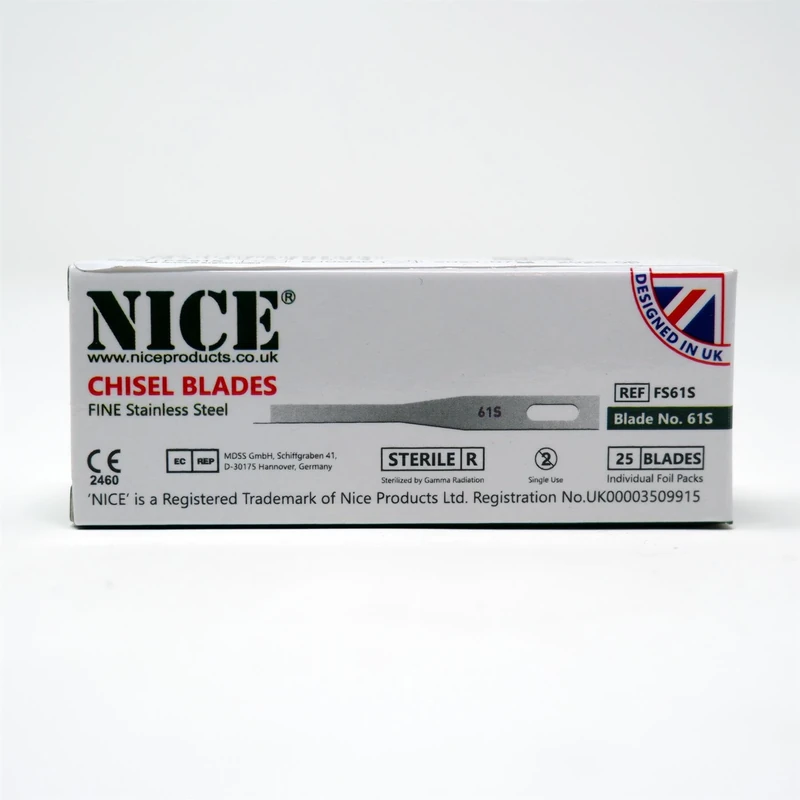 25 x NICE FINE 61S Sterile Stainless Steel Chisel Blades FS61S for Podiatry and Chiropody