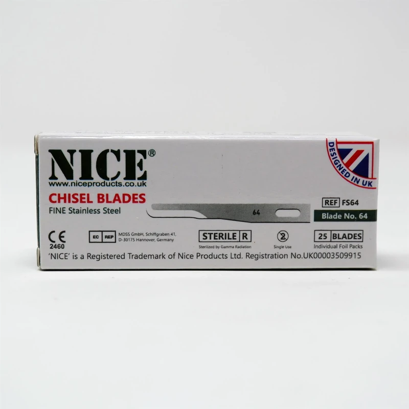 25 x NICE FINE 64 Sterile Stainless Steel Chisel Blades FS64 for Plastic & Reconstructive Surgery