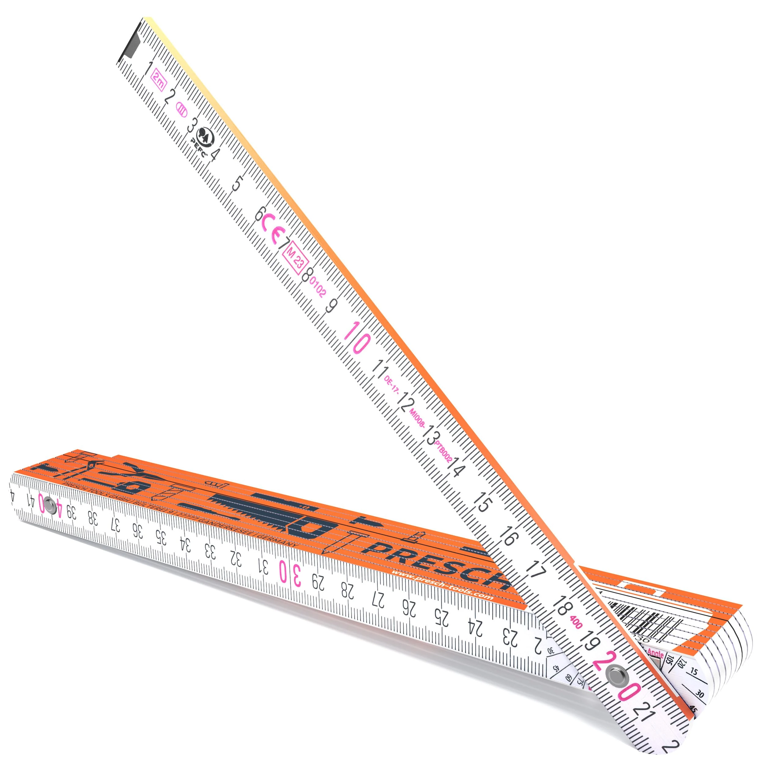 Presch Folding rule 2m with angle scale | Wood | Orange | Foldable | Large & highly legible numbers | Precise snapping | Meter stick, carpenters rule, folding ruler 2m, joiners rule with tool pattern