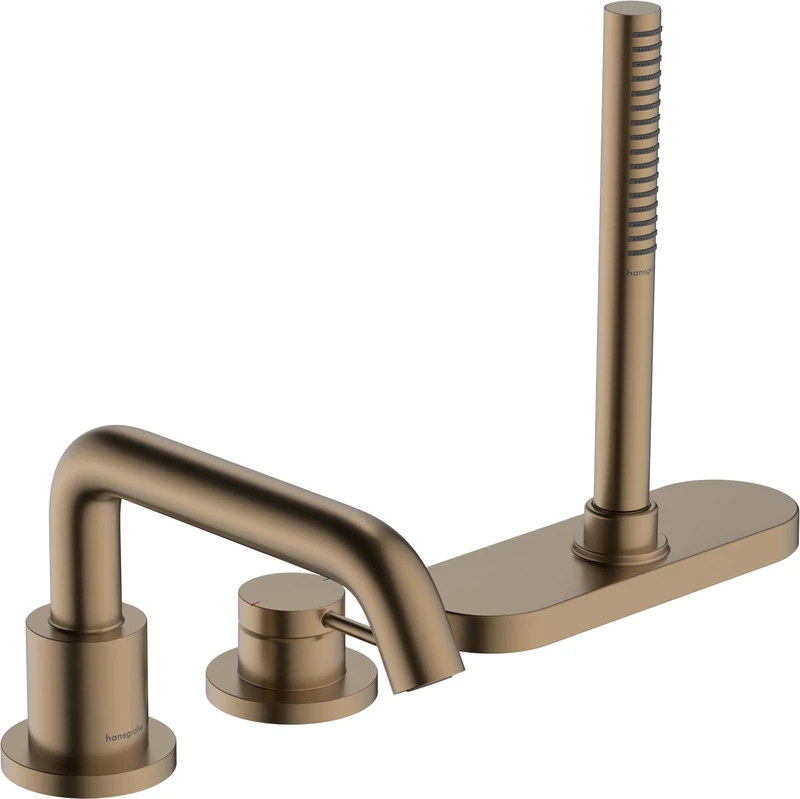 hansgrohe Tecturis S - 3-Hole Rim Mounted Bath tap for 2 Functions, Bath Mixer tap with Shower Head, Shower Hose 1,25m, Holder and Hose Box (sBox), Bathroom Tup tap, Brushed Bronze, 73447140