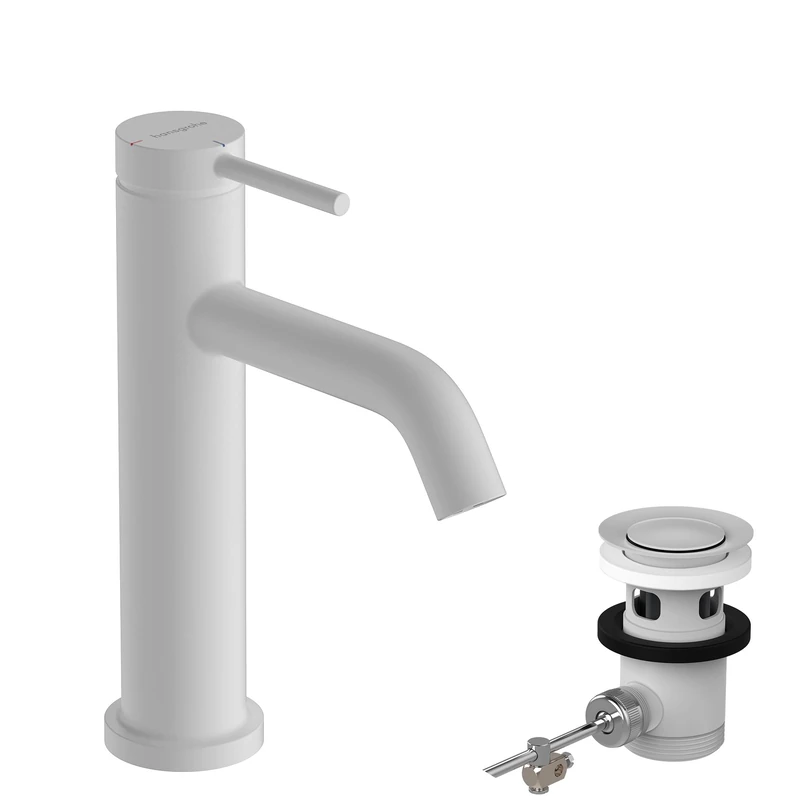 hansgrohe Tecturis S - bathroom tap with pop-up waste set, energy-saving (CoolStart), bathroom sink water tap with spout height 110mm, bathroom mixer tap water-saving (EcoSmart+), matt white, 73314700