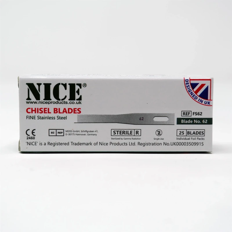 25 x NICE FINE 62 Sterile Stainless Steel Chisel Blades FS62 for Podiatry and Chiropody