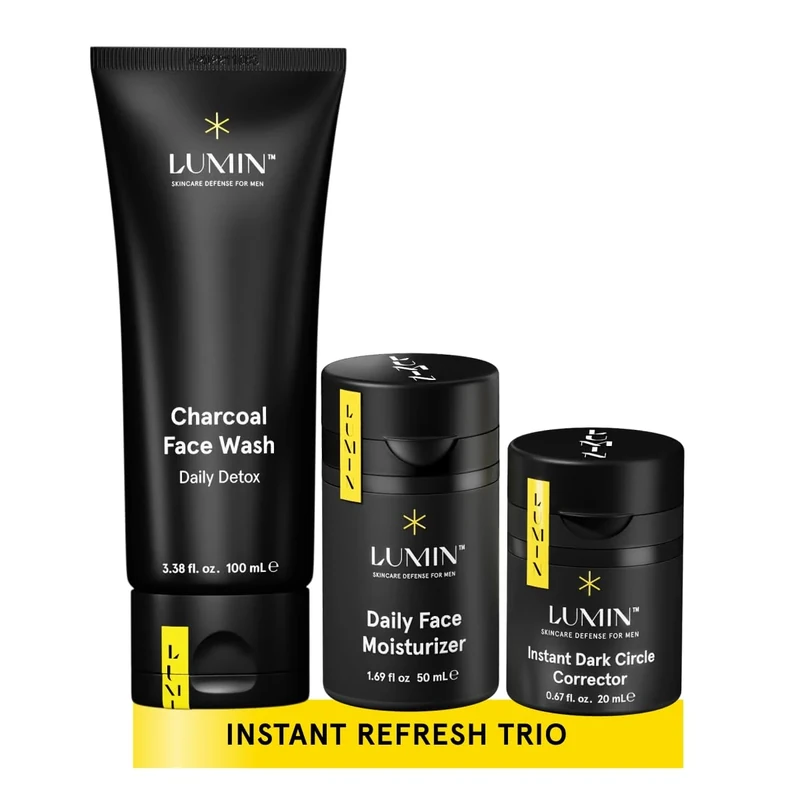 Lumin Burnout Buster Trio, Men's Skincare Kit with Charcoal Face Wash, Moisturiser & Instant Dark Circle Corrector, 3 Products