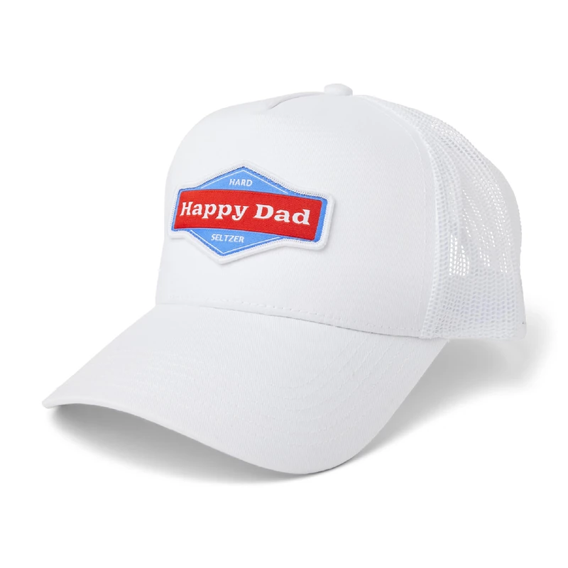 Happy Dad Trucker Hat, Trendy Mens Hats with Breathable Mesh Back, Snap Closure, Birthday Gifts, Full Send Logo Snapback Cap, White, One Size