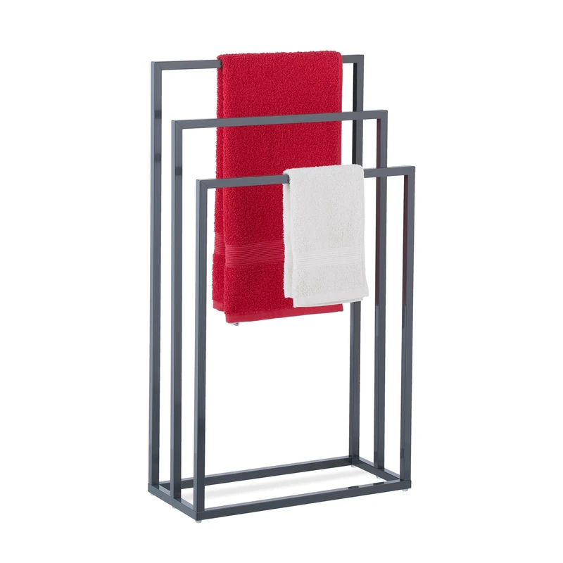 Relaxdays Towel, 3 Bars, Steel Rails, Free-Standing Shower Rack for Bathroom, HWD: 83 x 46 x 21 cm, Anthracite
