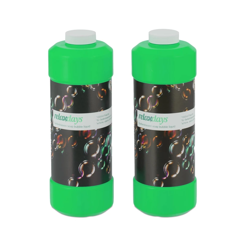 Relaxdays Bubble Refill Bottle, Set of 2, 1 Litre Solution Each, Use Manually/with Machines, Birthdays, Parties, Green, 1 L