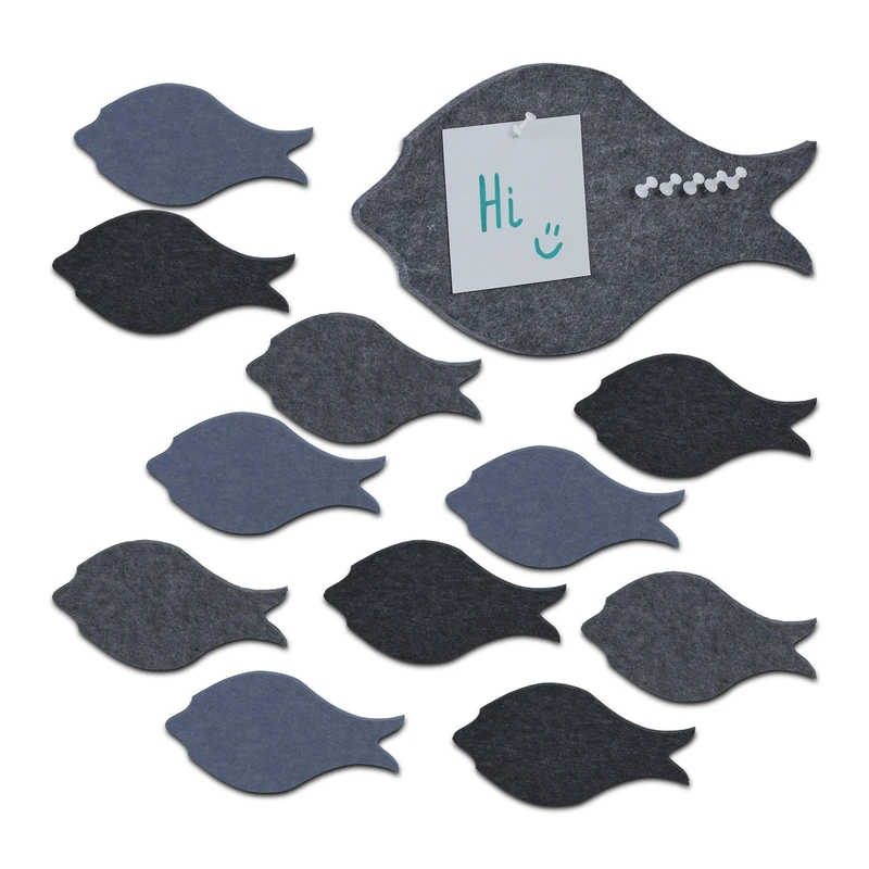 Relaxdays Felt Boards, Set of 12, Adhesive, Fish Design, 16 x 30 x 0.9 cm, Bulletin, Incl. Push Pins, Multicoloured