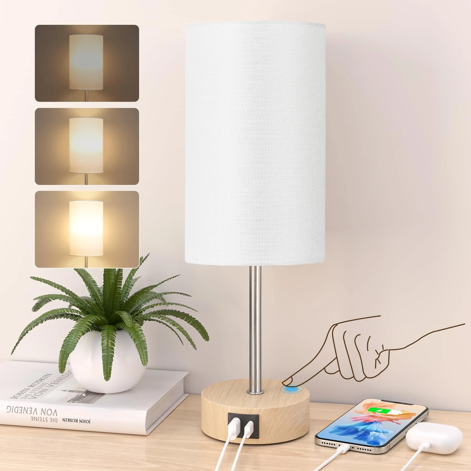 STANBOW Bedside Lamp for Bedroom, Touch Table Lamp with USB A+C Charging Ports, 3-Way Dimmable Table Night Lamps for Living Room Decor with Grey Fabric Shade (LED Bulb Included)