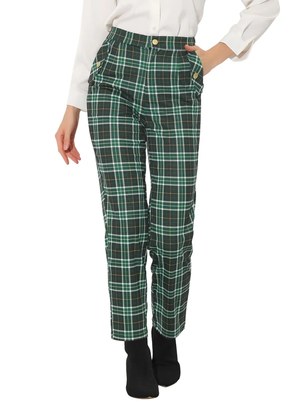 Allegra K Women's Vintage Tartan Plaid Pants Elastic Waist Straight Long Trousers, Green White, Large