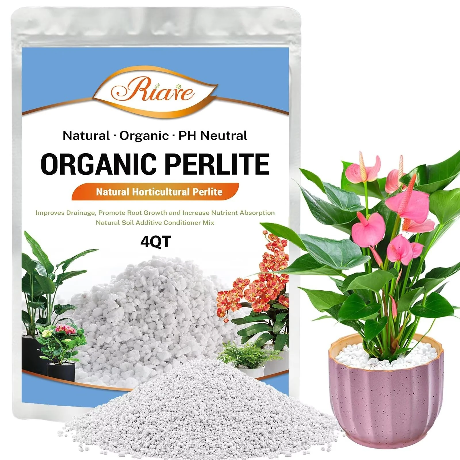 Riare 4L Organic Perlite for Plants - Horticultural Perlite Soil Amendment for Plants Potting Mix, Natural Chunky Perlite Soil Additive Conditioner Improve Root Growth, Drainage and Ventilation