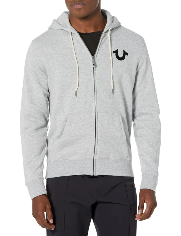 True Religion Men's Logo Buddha Zip Hoody, Heather Grey, L