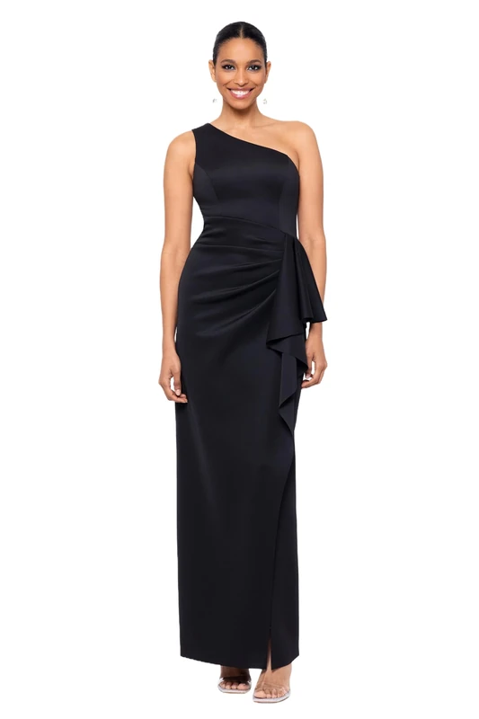 Xscape Women's Long Stretch Scuba Sleeveless One Shoulder Side Ruffle Dress Special Occasion, Black, 12