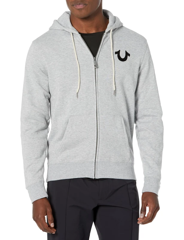 True Religion Men's Logo Buddha Zip Hoody, Heather Grey, XL