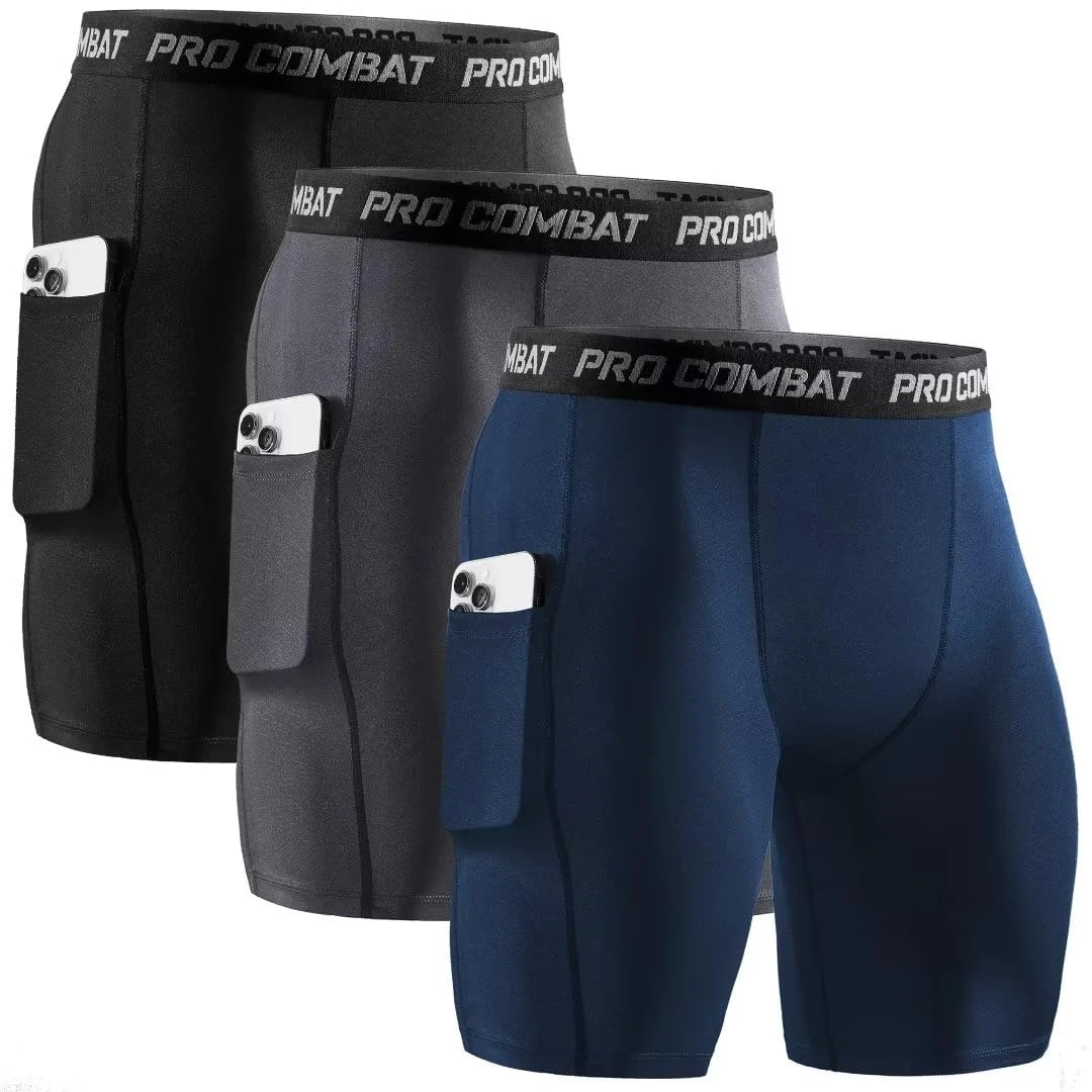 Niksa 3 Pack Mens Compression Shorts Gym Running Sports Underwear Base Layer Shorts Sports Undershorts Quick-Drying Fabric Men’s Workout Shorts with Pocket,Black,Grey,Navy Blue,M