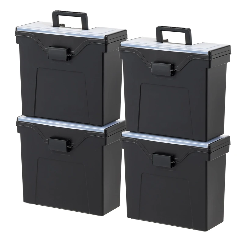 IRIS USA File Box Slim with Lid File Organizer for Letter File w/Organizer-Lid, Water Resistant Document Box, Plastic Mobile Filing Organizer, Secure Buckle, Portable Handle, Lockable, Black 4 Pack