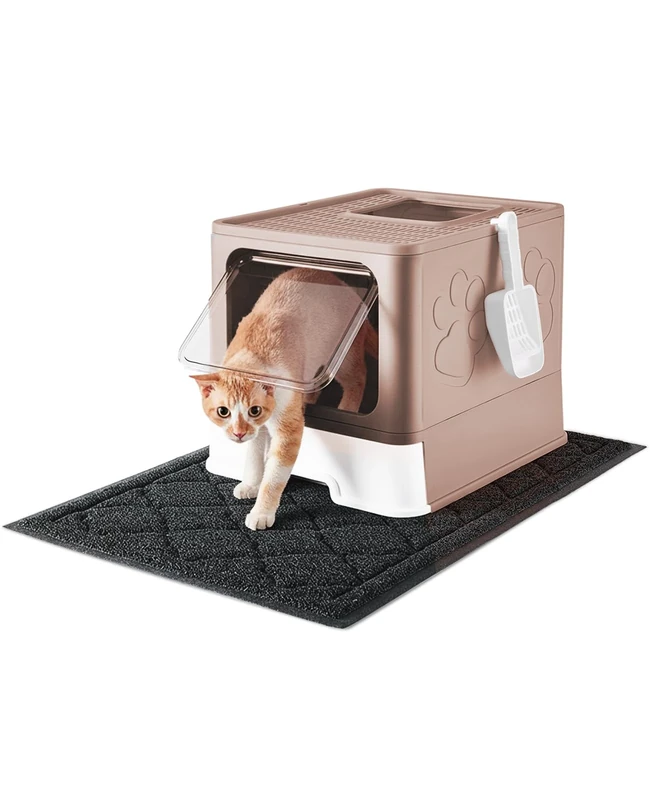 Medario Cat Litter Box with X-Large Litter Mat and Scoop, Large Foldable Litter Box with Lid, Enclosed Kitty Box,Front Top Entry Exit, Odor Control Easy to Clean (Upgrade Coffee)