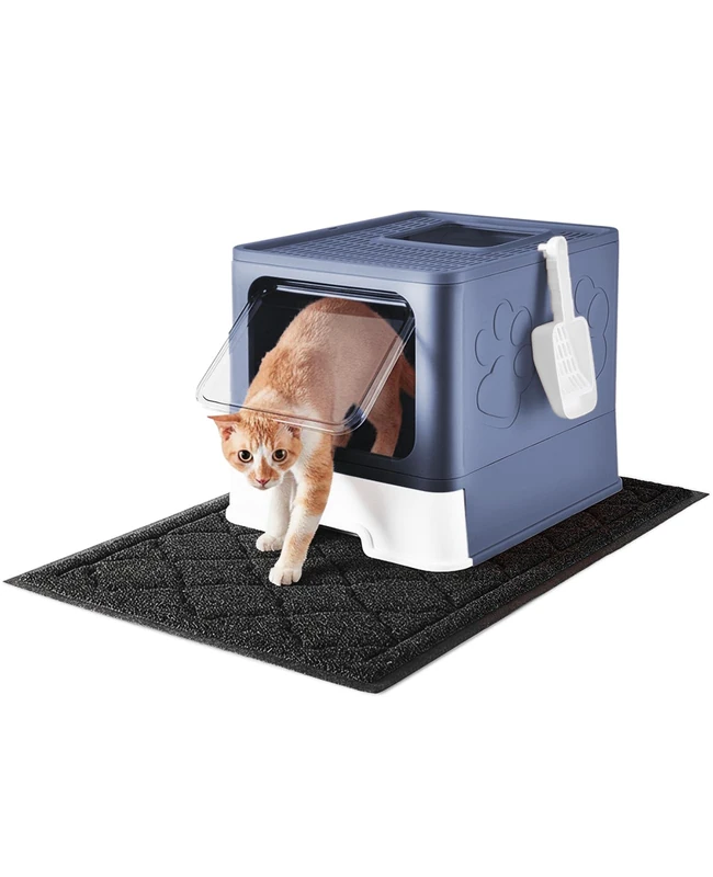 Medario Cat Litter Box with X-Large Litter Mat and Scoop, Large Foldable Litter Box with Lid, Enclosed Kitty Box,Front Top Entry Exit, Odor Control Easy to Clean (Upgrade Midnight)