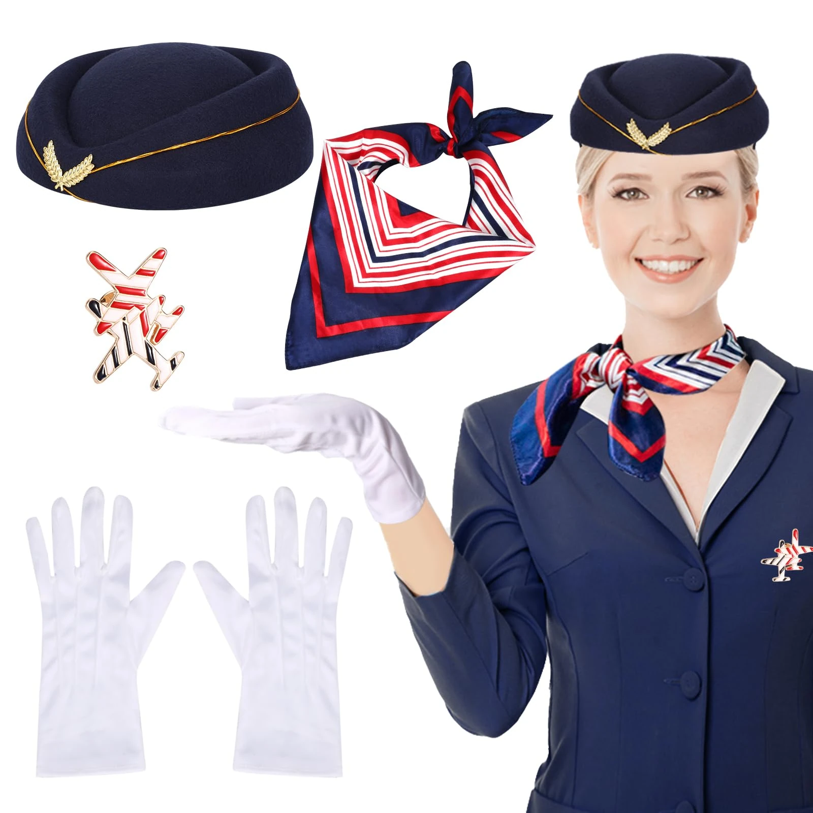 XEPST 4PCS Flight Attendant Costume for Women - Stewardess Costume Accessories Set with Flight Attendant Hat Scarf Gloves Brooch for Women Girls Halloween Costumes Cosplay Carnival Fancy Dress Up