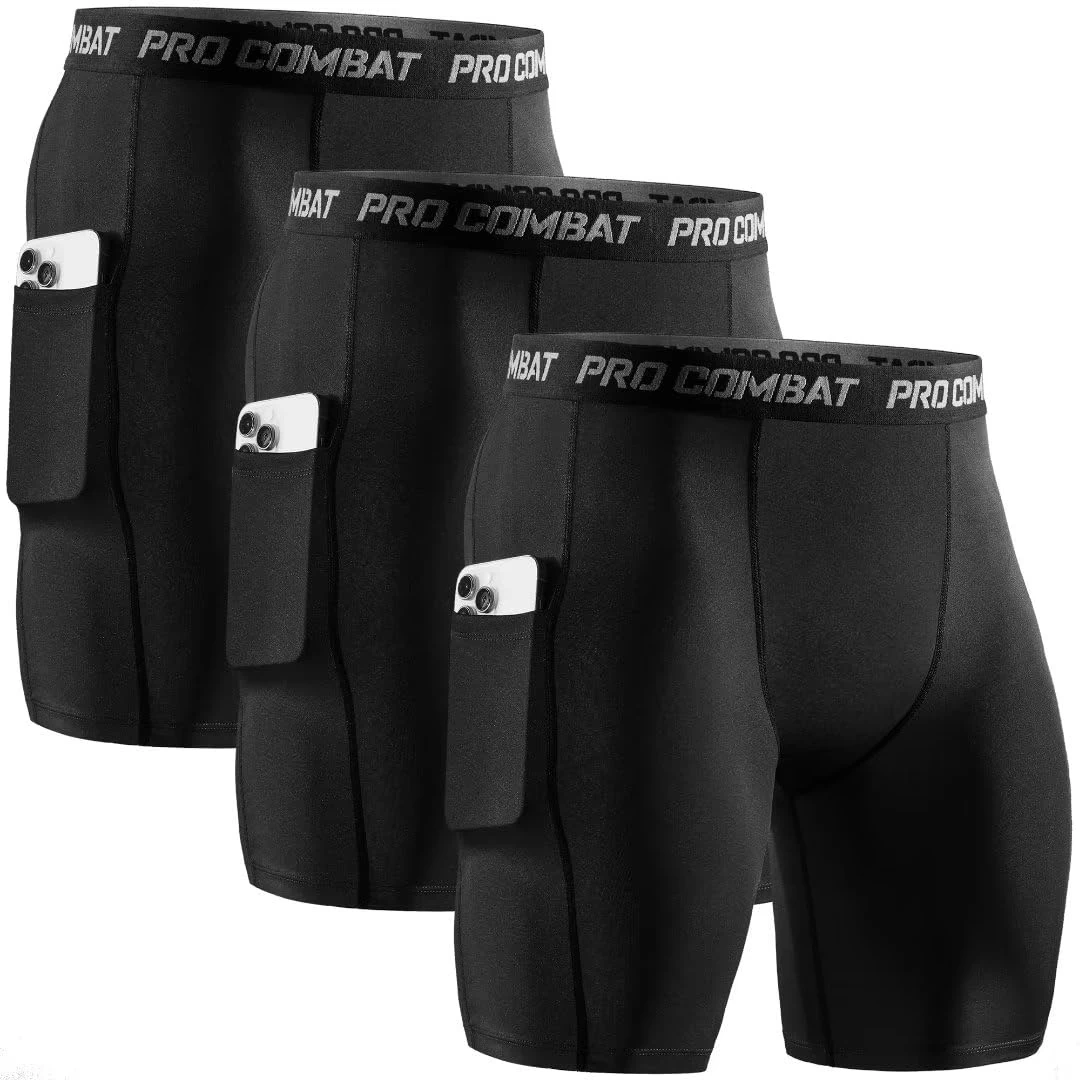 Niksa 3 Pack Men's Compression Shorts Gym Running Sports Underwear Base Layer Shorts Sports Undershorts Quick-Drying Fabric Black M