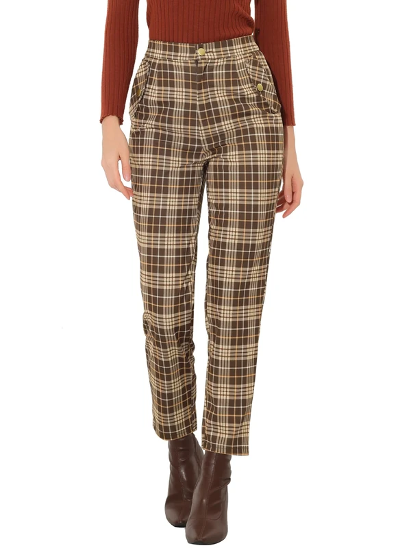 Allegra K Women's Vintage Tartan Plaid Pants Elastic Waist Straight Long Trousers, Brown Beige, M