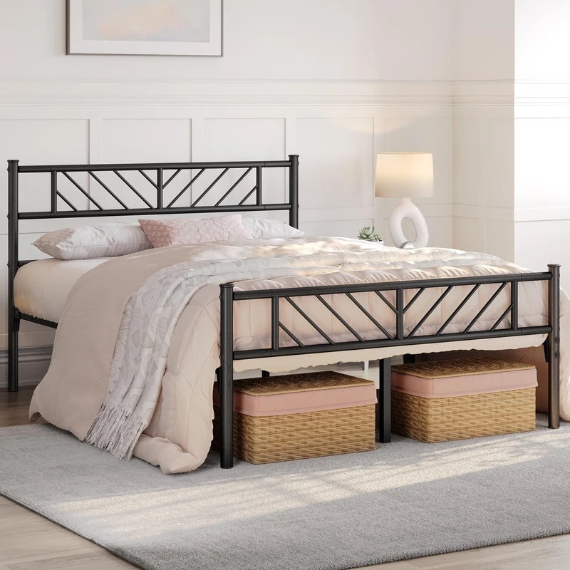 Yaheetech 4ft6 Double Bed Frames Metal Slatted Bed Platform with Arrow Design Headboard, Under-bed Storage, No Box Spring Needed, Black