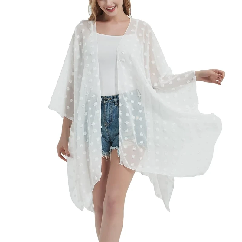 Women's Beach Long Swimwear Cover Up Swiss Dot Chiffon Kimono Cardigan Swimsuit