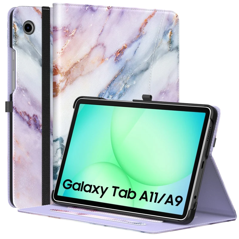 MoKo Case for Samsung Galaxy Tab A11 8.7-Inch 2025, Glaxy Tab A9 8.7-Inch 2023, Premium PU Leather Multi-Angle Viewing Folding Stand Cover Case with Hand Strap, Front Pocket, Purple Marble