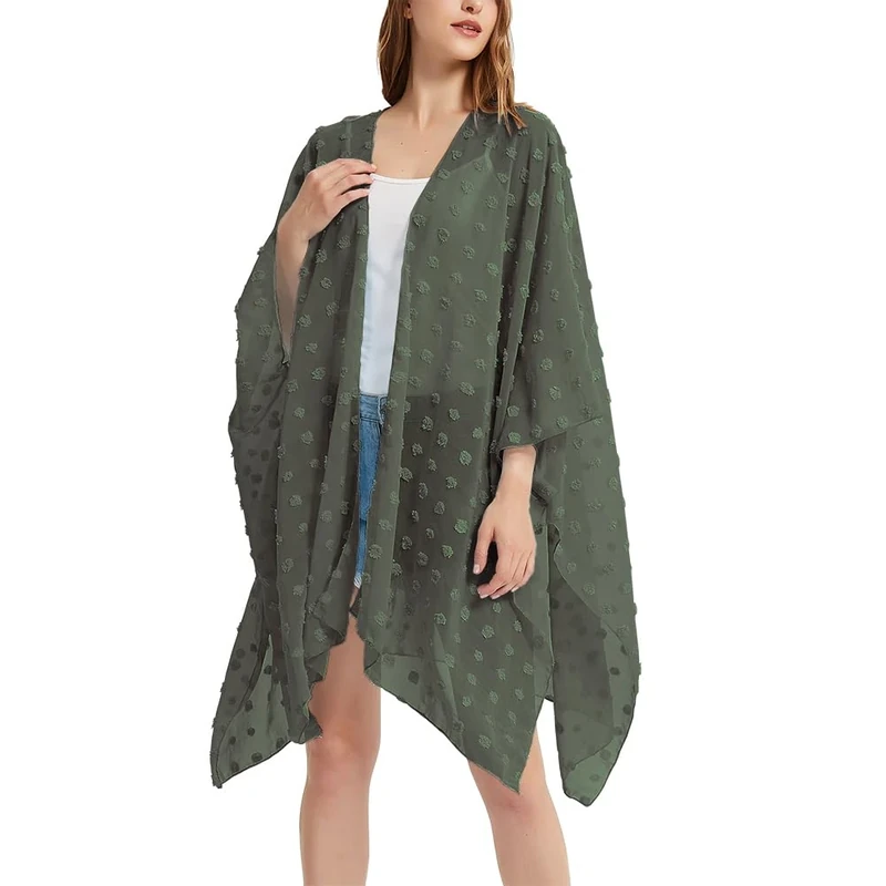 Women's Beach Long Swimwear Cover Up Swiss Dot Chiffon Kimono Cardigan Swimsuit