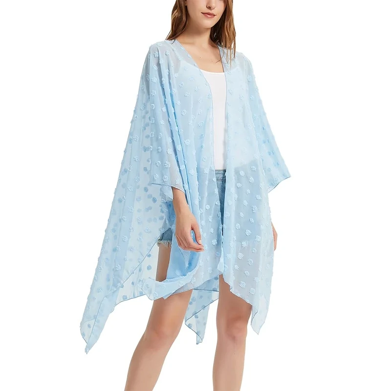 Women's Beach Long Swimwear Cover Up Swiss Dot Chiffon Kimono Cardigan Swimsuit