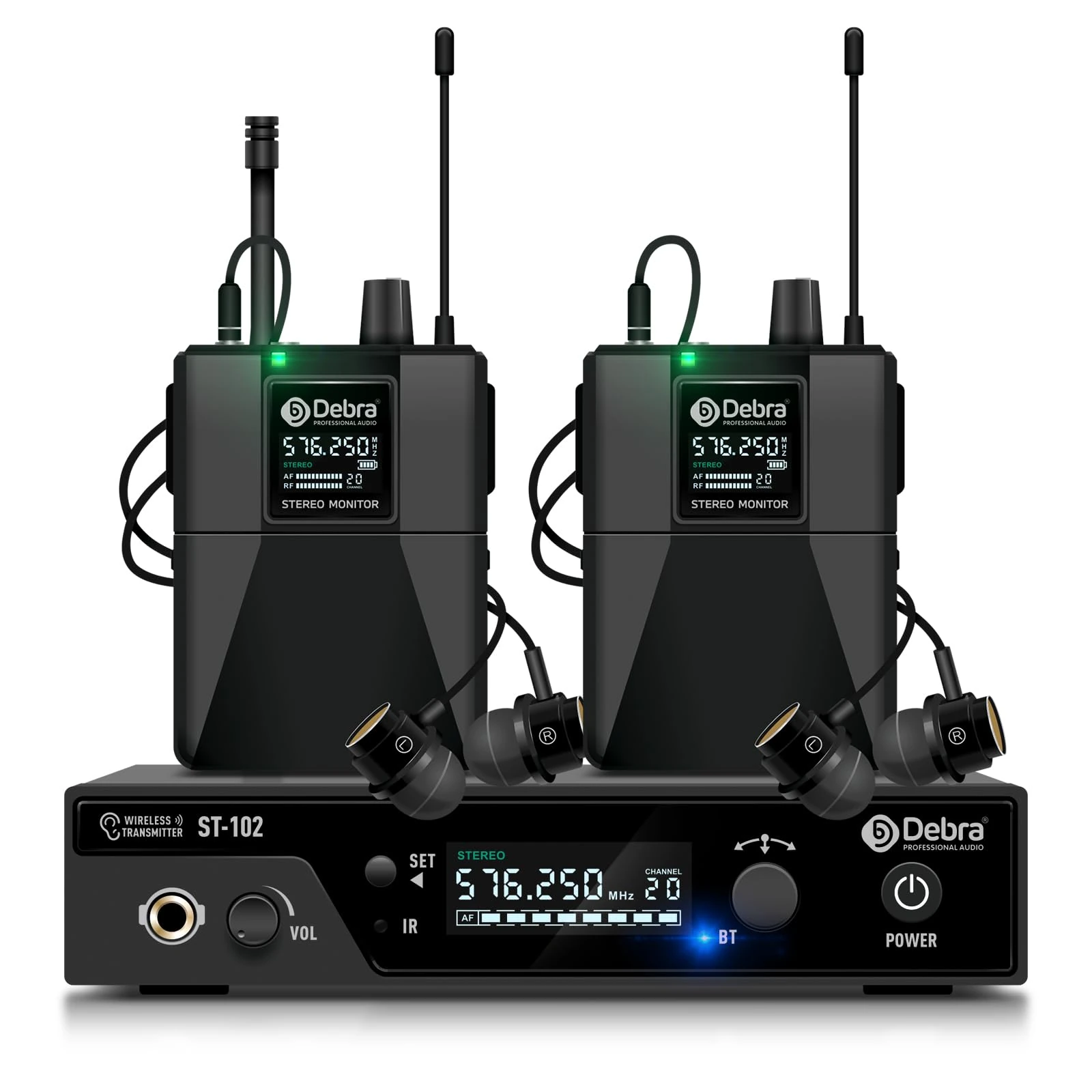 D Debra UHF Wireless In-Ear Monitor System with Earphones,300M,Professional IEM Stereo System with Transmitter and Beltpack for Studio, Events, Band Rehearsals, Live Performance (2 Backpack)