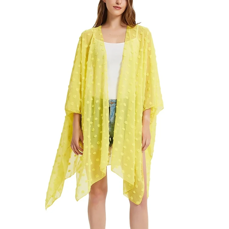 Women's Beach Long Swimwear Cover Up Swiss Dot Chiffon Kimono Cardigan Swimsuit