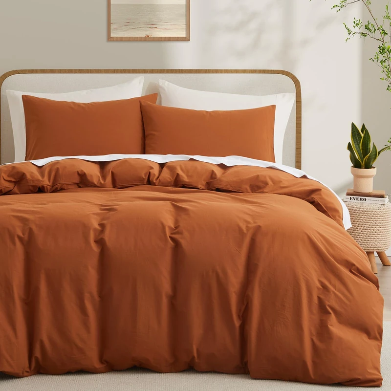 LOVQUE Burnt Orange Cotton Duvet Cover Queen Size, Linen Like Natural Bedding Set with Zipper Closure (No Comforter), 90x90 Inches