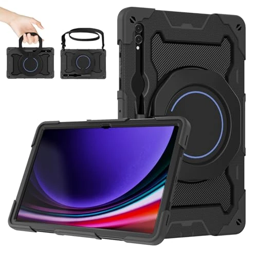 ROISKIN Samsung Galaxy Tab S9 Ultra Case 14.6 inch 2023: Heavy Duty Rugged Cover for Galaxy Tab S9 Ultra (SM-X916B/X910N) with Pen Holder & Rotating Kickstand & Shoulder Strap, Black