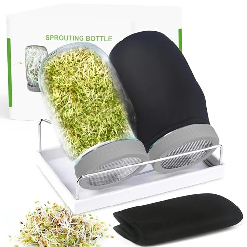 Seed Sprouting Jar Kit, 2 Mason Jars with Screen Sprout Lids, 2 Blackout Sleeves, Drain Tray, Stainless Steel Stand, Sprouts Growing Kit (Grey)